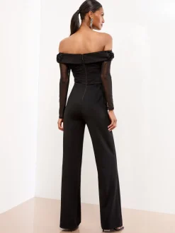 Lipsy Flower 3D Trim Bardot Long Sleeve Mesh Jumpsuit