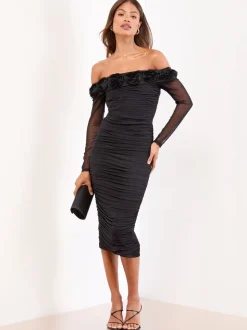 Lipsy Flower 3D Trim Bardot Long Sleeve Mesh Bodycon Midi Dress