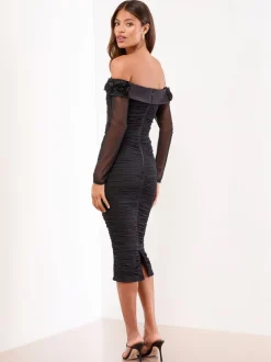 Lipsy Flower 3D Trim Bardot Long Sleeve Mesh Bodycon Midi Dress