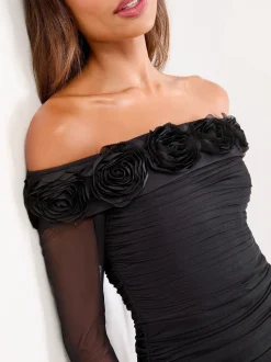 Lipsy Flower 3D Trim Bardot Long Sleeve Mesh Bodycon Midi Dress