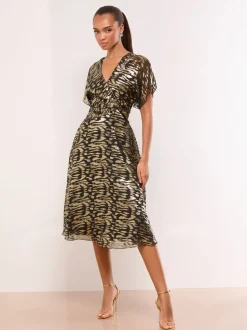 Lipsy Metallic Printed V-Neck Fit And Flare Midi Dress