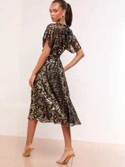 Lipsy Metallic Printed V-Neck Fit And Flare Midi Dress