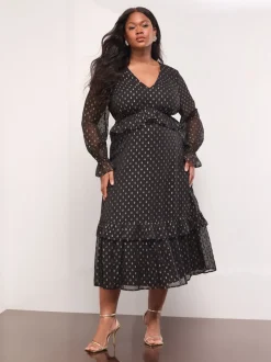 Lipsy Metallic Spot V-Neck Ruffle Midi Dress