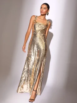 Lipsy Premium Flower Trim Sequin Square Neck Maxi Dress