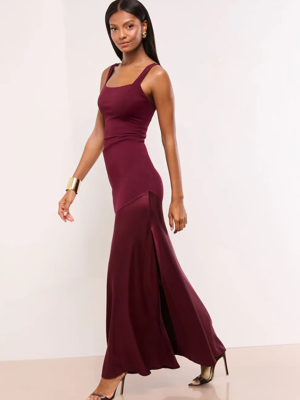 Lipsy Satin Mix Structured Fishtail Bridesmaid Maxi Dress