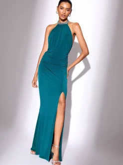 Lipsy Slinky Ruched Embellished Trim Backless Maxi Dress