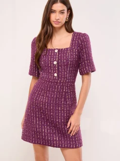Lipsy Tweed Square Neck Boucle Gold Button Dress