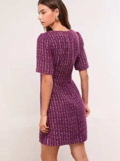 Lipsy Tweed Square Neck Boucle Gold Button Dress