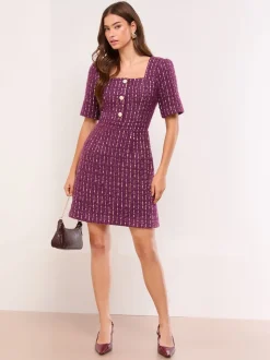 Lipsy Tweed Square Neck Boucle Gold Button Dress