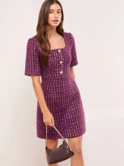 Lipsy Tweed Square Neck Boucle Gold Button Dress