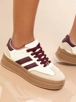 Lipsy Wide Fit White and Burgundy Chunky Gum Sole Sports Trainers