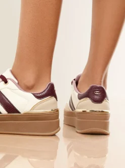 Lipsy Wide Fit White and Burgundy Chunky Gum Sole Sports Trainers