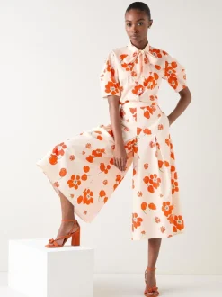 LK Bennett & Flora Ivory Multi Cotton Pleat Block Floral Sateen Culottes
