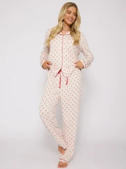 Loungeable Brushed Knit Heart Printed Traditional Long Sleeve Pyjamas