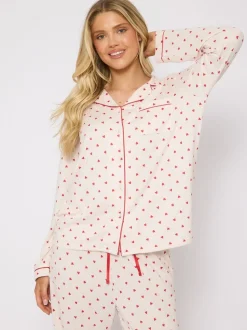 Loungeable Brushed Knit Heart Printed Traditional Long Sleeve Pyjamas