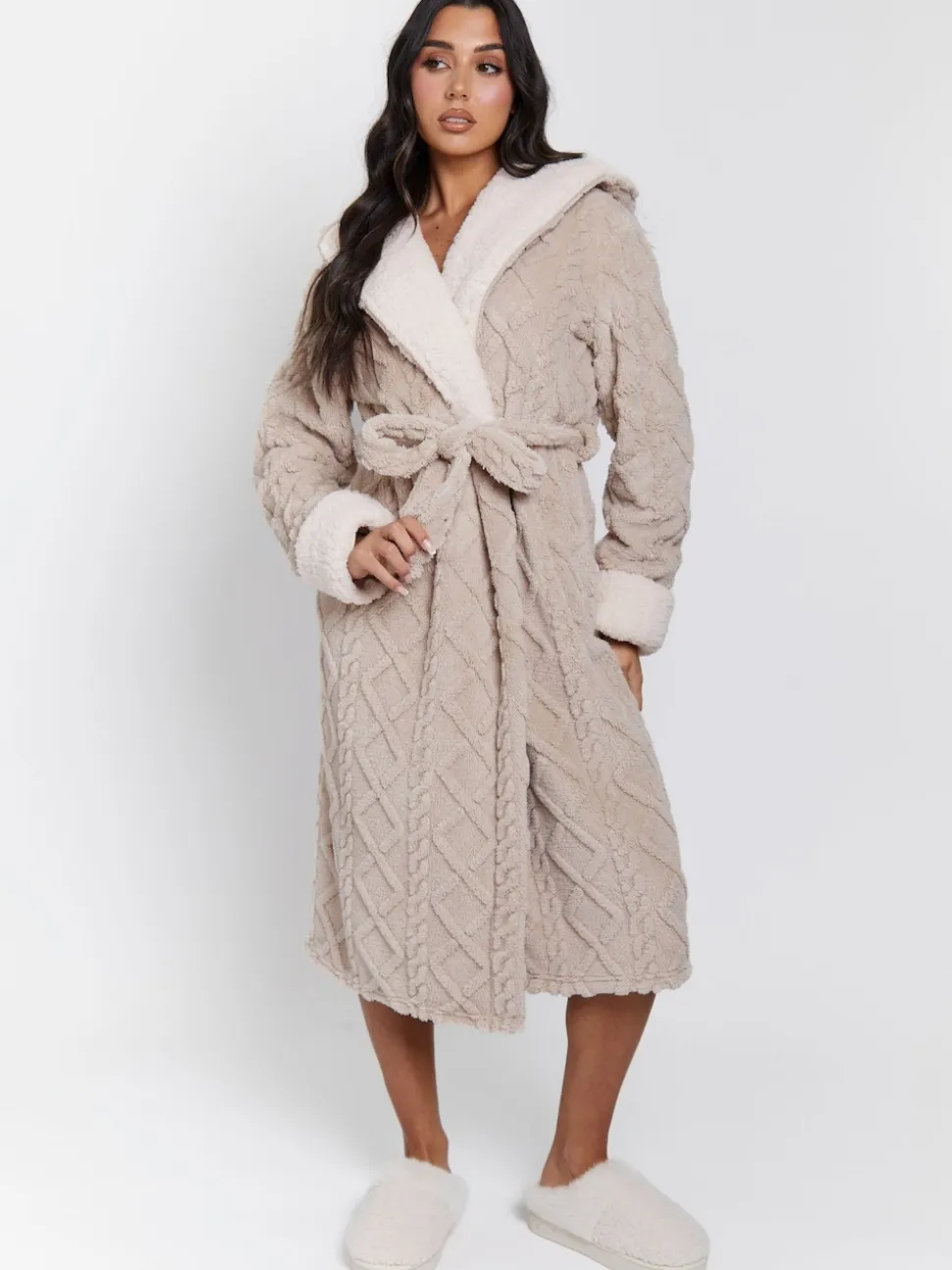 Loungeable Cable Cutwork Hooded Midi Dressing Gown