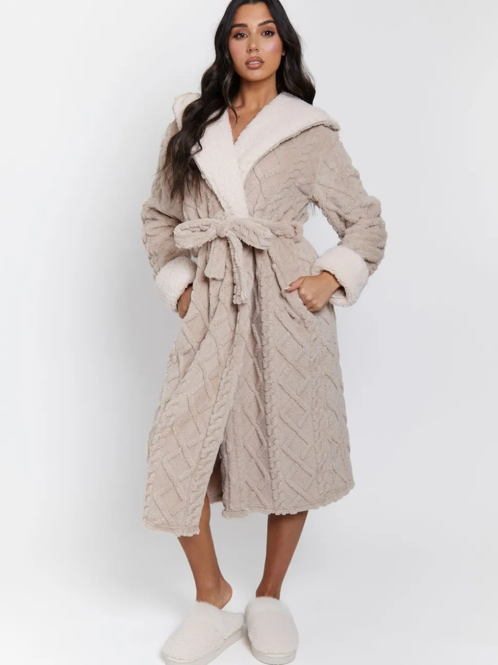 Loungeable Cable Cutwork Hooded Midi Dressing Gown