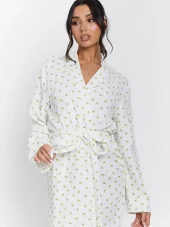 Loungeable Lemon Print 100% Cotton Waffle Robe