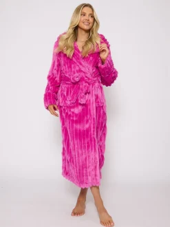 Loungeable Plush Ridged Fleece Midi Hooded Dressing Gown