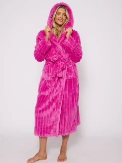 Loungeable Plush Ridged Fleece Midi Hooded Dressing Gown