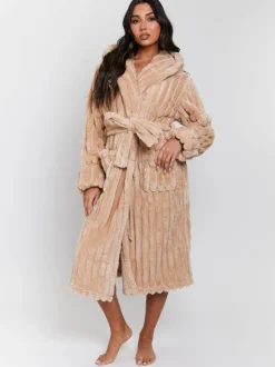 Loungeable Plush Ridged Fleece Midi Hooded Dressing Gown