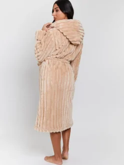 Loungeable Plush Ridged Fleece Midi Hooded Dressing Gown