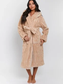 Loungeable Plush Ridged Fleece Midi Hooded Dressing Gown