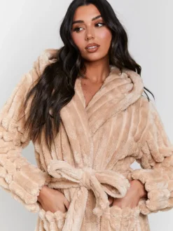 Loungeable Plush Ridged Fleece Midi Hooded Dressing Gown