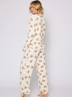 Loungeable Teddy Bear Print Soft Long Button Through Pyjama Set
