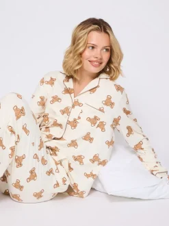 Loungeable Teddy Bear Print Soft Long Button Through Pyjama Set