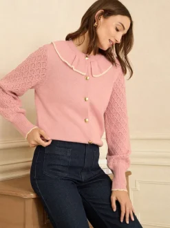 Love & Roses - Behaaglijke pointelle top met kraag en ajourgebreide mouwen