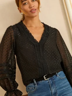 Love & Roses - Fluwelen blouse met lange mouwen en metallic dobby