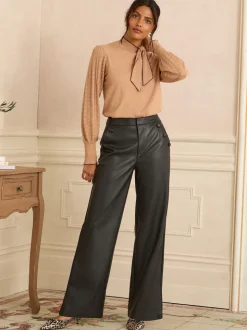 Love & Roses Button Detail Faux Leather Wide Leg Trousers