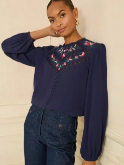 Love & Roses Embroidered Crew Neck Long Sleeve Blouse