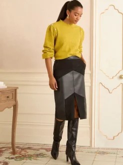 Love & Roses Faux Suede and Faux Leather Mix Midi Skirt
