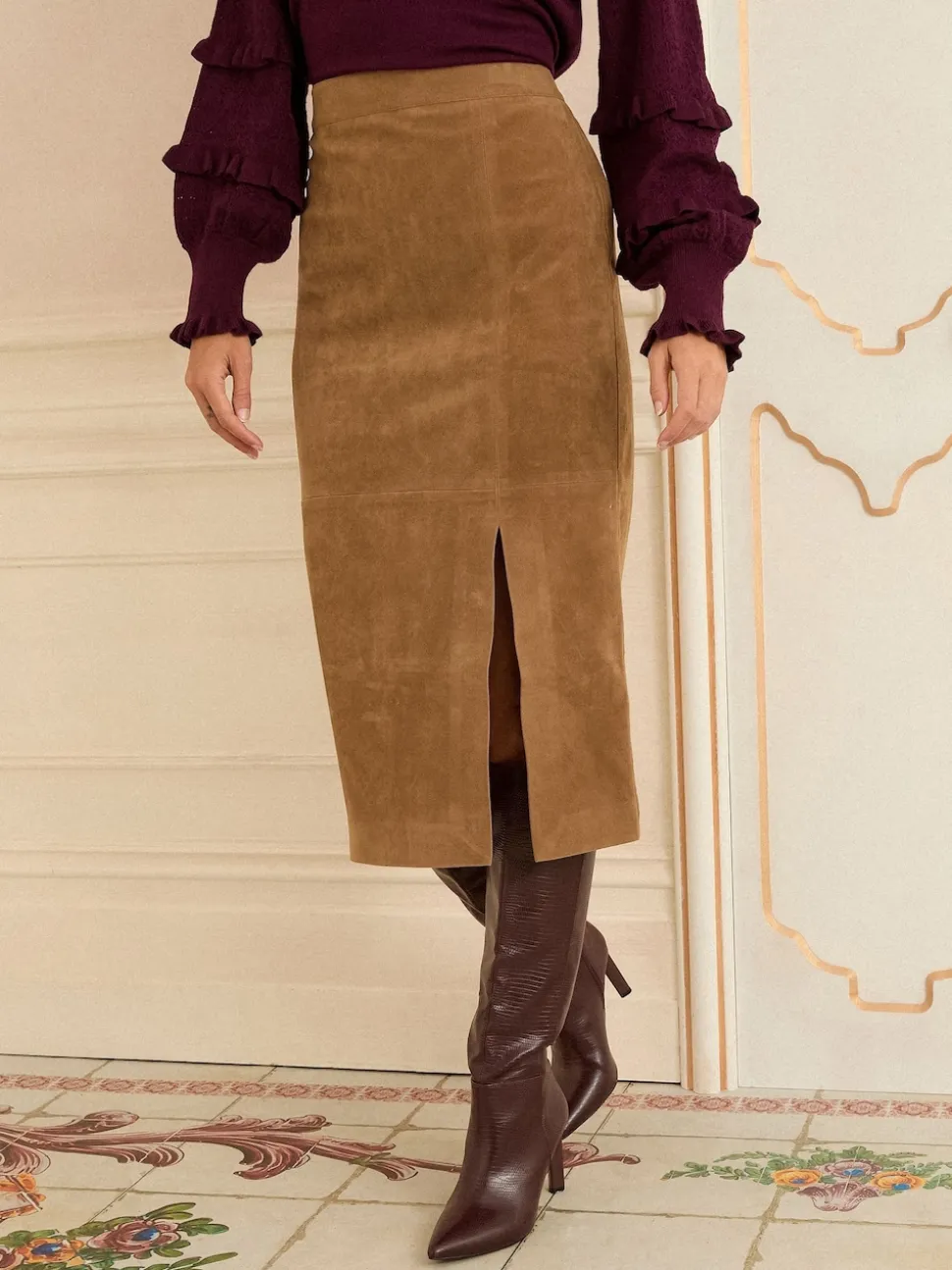 Love & Roses Faux Suede Slit Midi Skirt