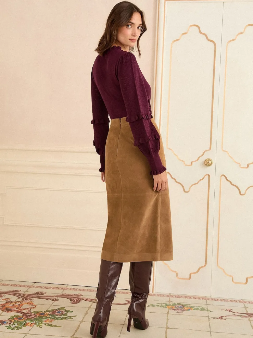 Love & Roses Faux Suede Slit Midi Skirt