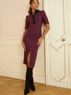 Love & Roses Flocked Spot Short Sleeve Midi Dress