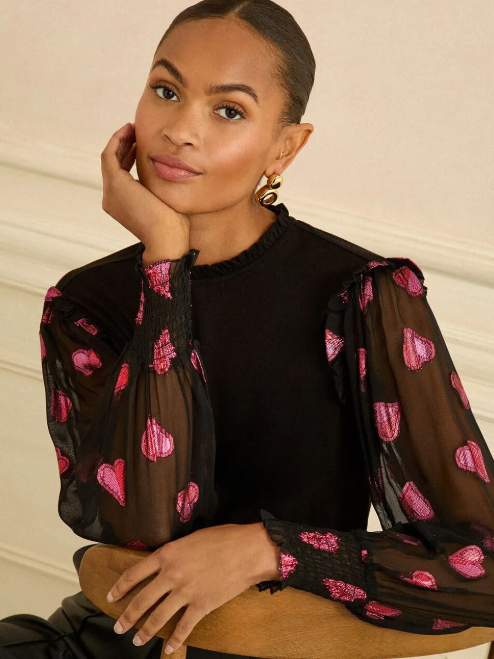 Love & Roses Mixed Jersey Sheer Sleeve Top
