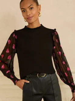 Love & Roses Mixed Jersey Sheer Sleeve Top