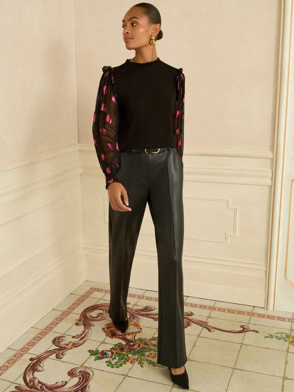 Love & Roses Mixed Jersey Sheer Sleeve Top
