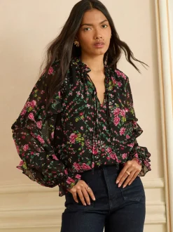 Love & Roses Notch Neck Frill Cuff Blouse