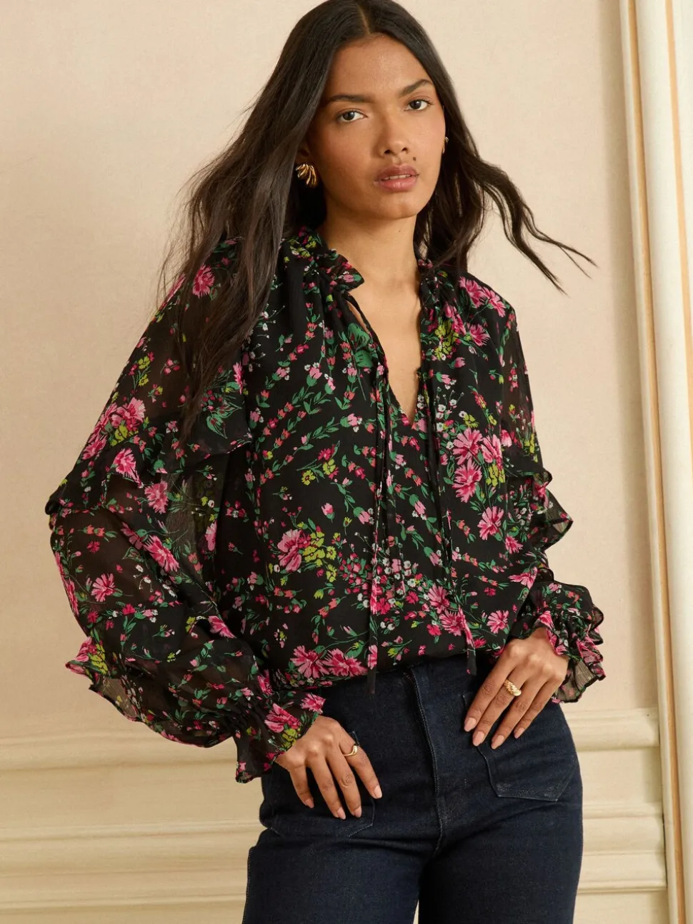 Love & Roses Notch Neck Frill Cuff Blouse