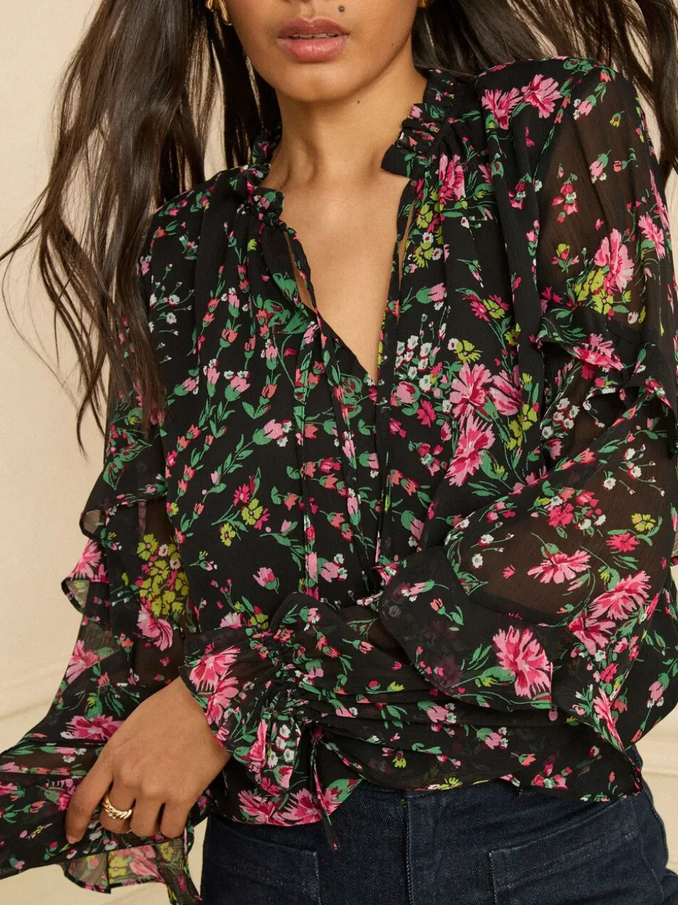 Love & Roses Notch Neck Frill Cuff Blouse