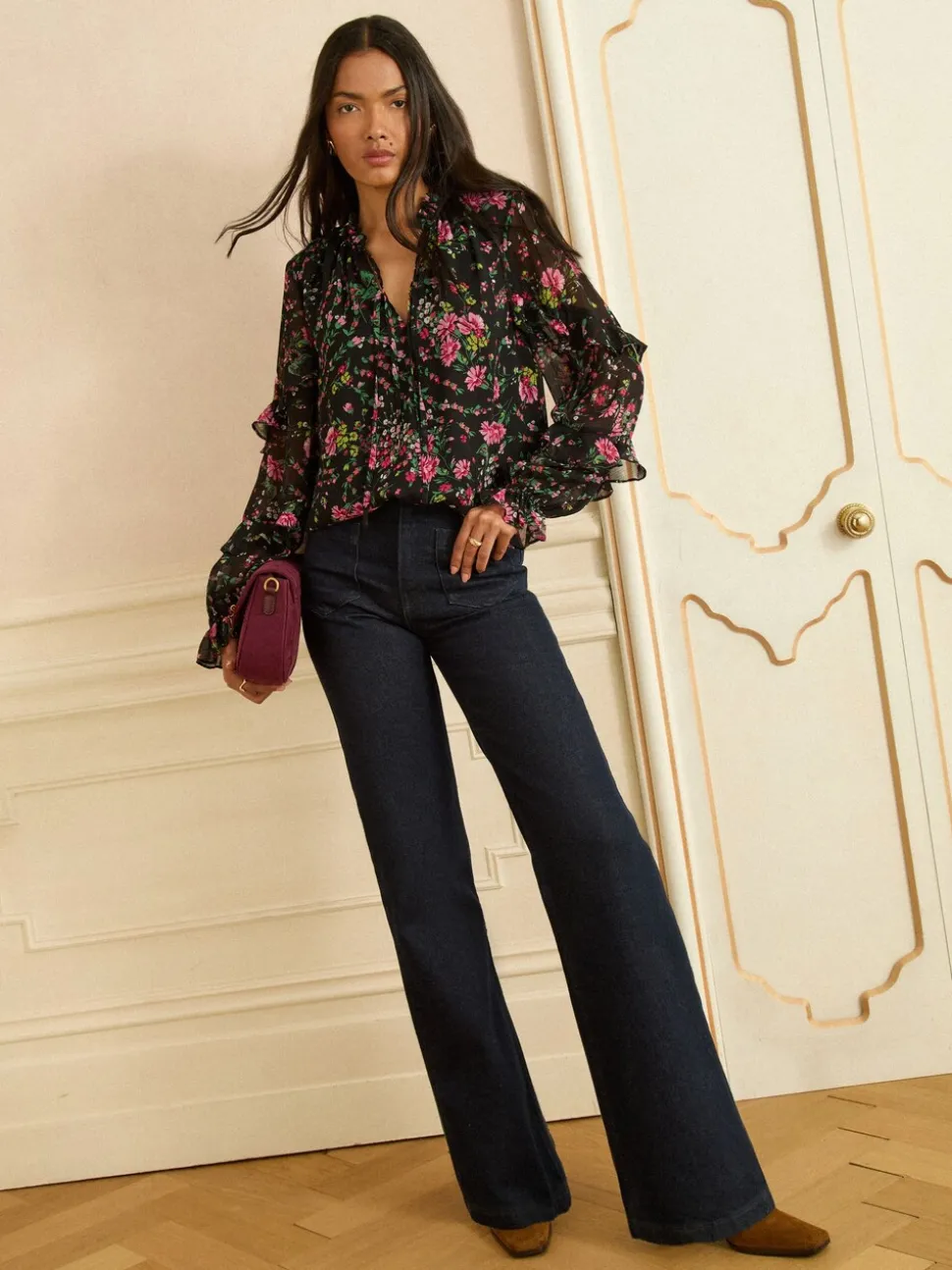 Love & Roses Notch Neck Frill Cuff Blouse