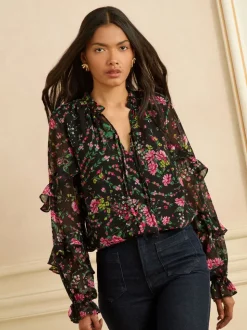 Love & Roses Notch Neck Frill Cuff Blouse