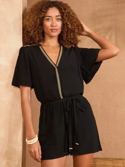 Love & Roses playsuit met ceintuur, korte mouwen en lovertjes