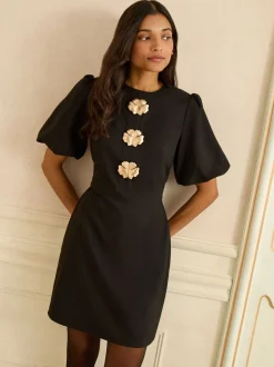 Love & Roses Puff Sleeve Gold Button Mini Dress