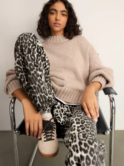 Luipaard - Katoenen jeans met print en wijde pijpen