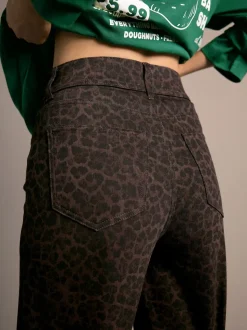 Luipaardprint - Jersey denim broek met wijde pijpen